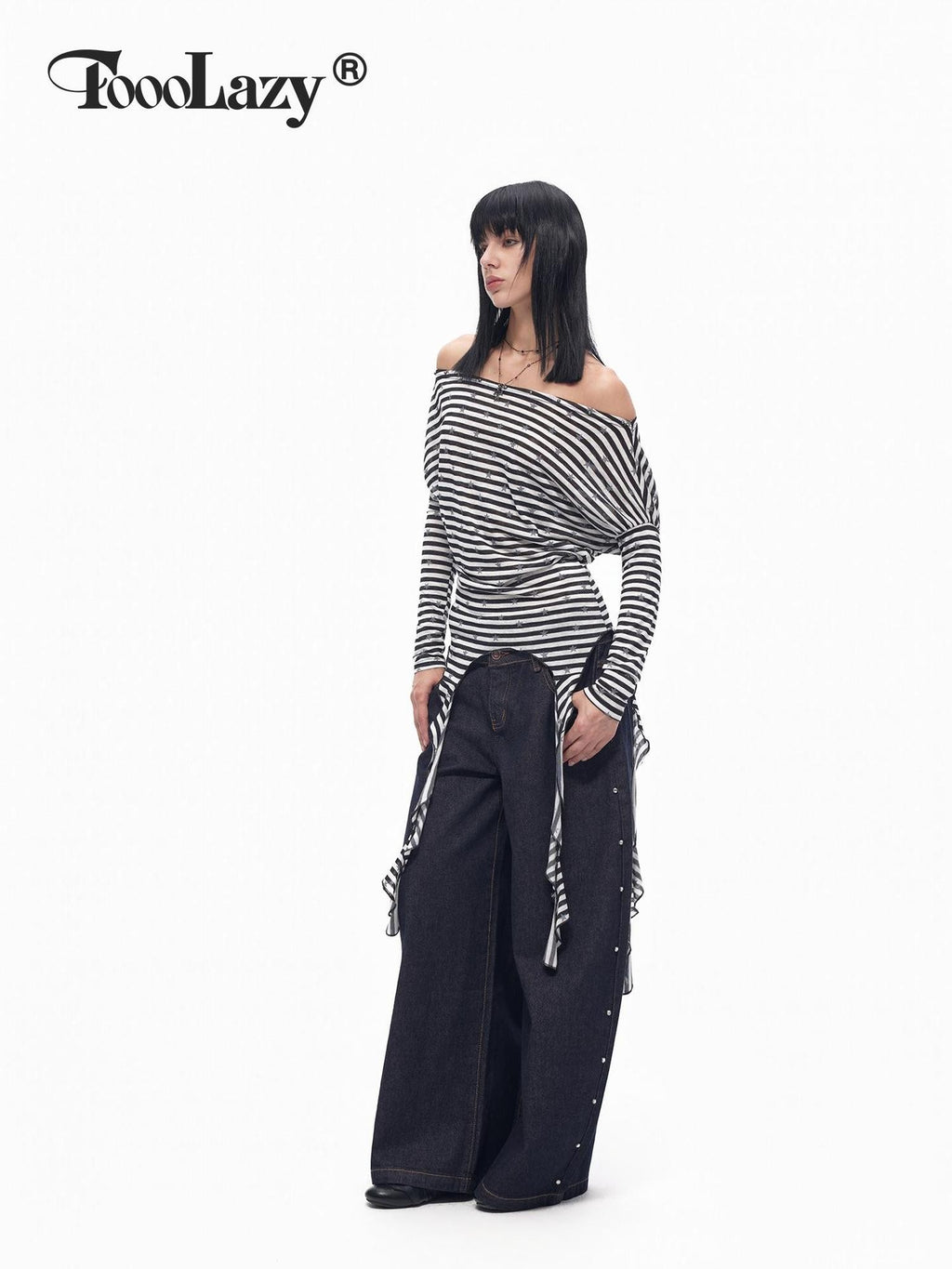 TOOOLAZY Contrast Star Stripe Off Shoulder Boatneck Women's Lyocell Long Sleeve T-shirts