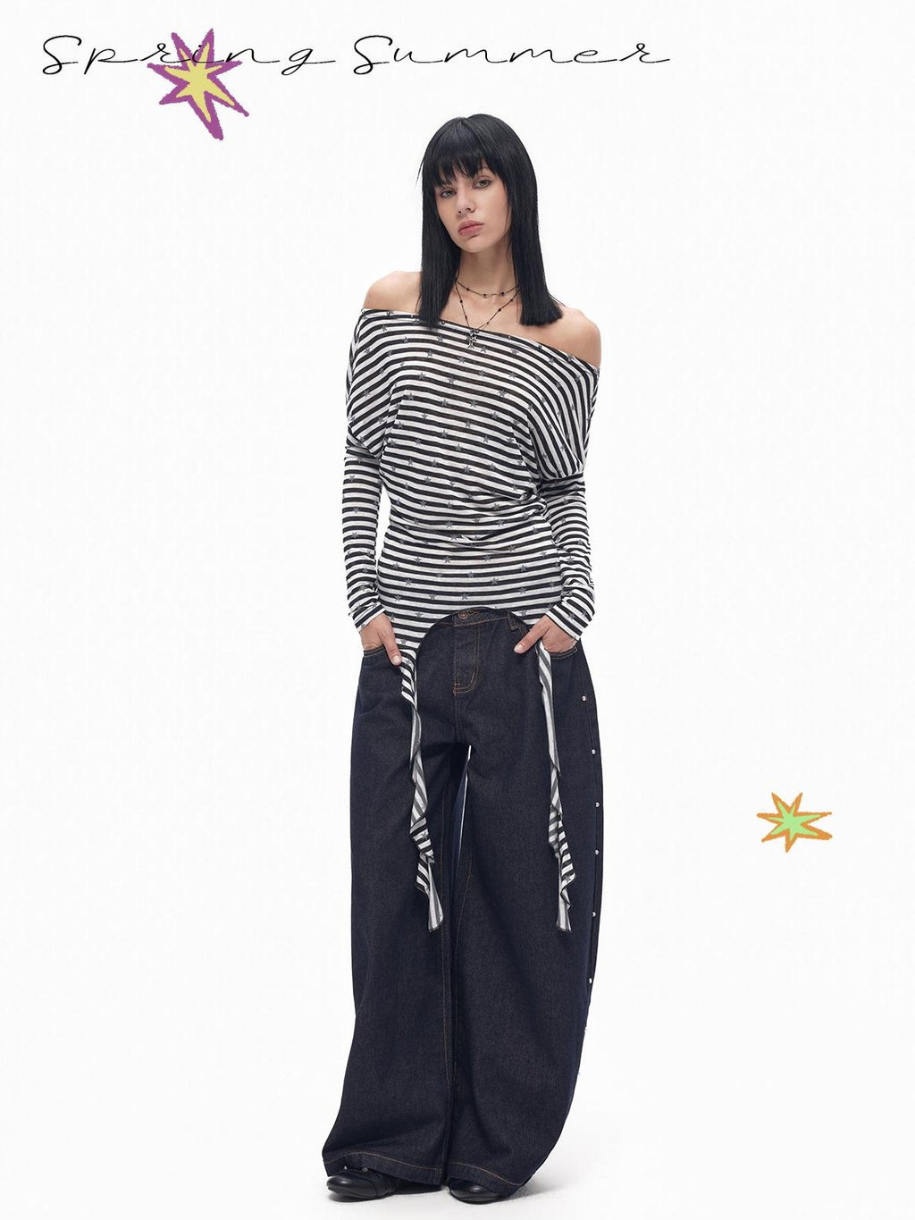 TOOOLAZY Contrast Star Stripe Off Shoulder Boatneck Women's Lyocell Long Sleeve T-shirts