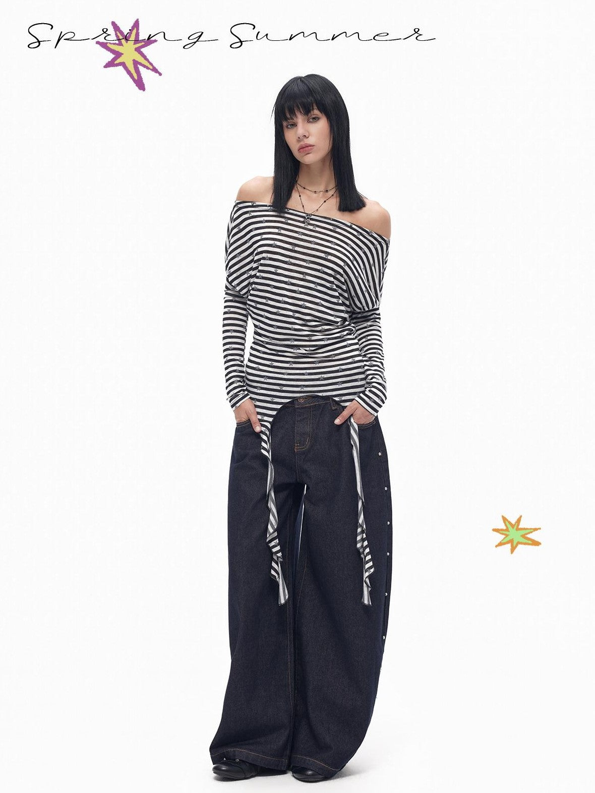TOOOLAZY Contrast Star Stripe Off Shoulder Boatneck Women's Lyocell Long Sleeve T-shirts