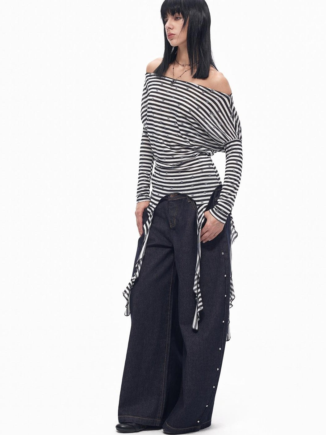 TOOOLAZY Contrast Star Stripe Off Shoulder Boatneck Women's Lyocell Long Sleeve T-shirts