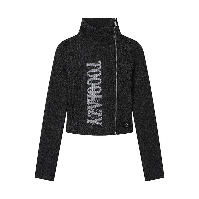 TOOOLAZY_Cropped_Letter_Print_Side_Zip_High_Neck_Knit_Women's_Polyester_Blend_Cardigans_989749365155_MISSTT