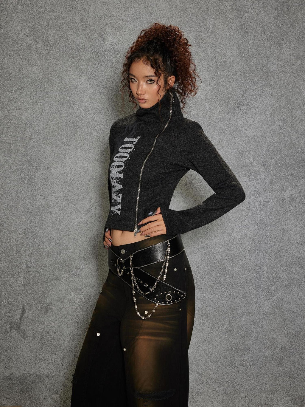 TOOOLAZY Cropped Letter Print Side Zip High Neck Knit Women's Polyester Blend Cardigans