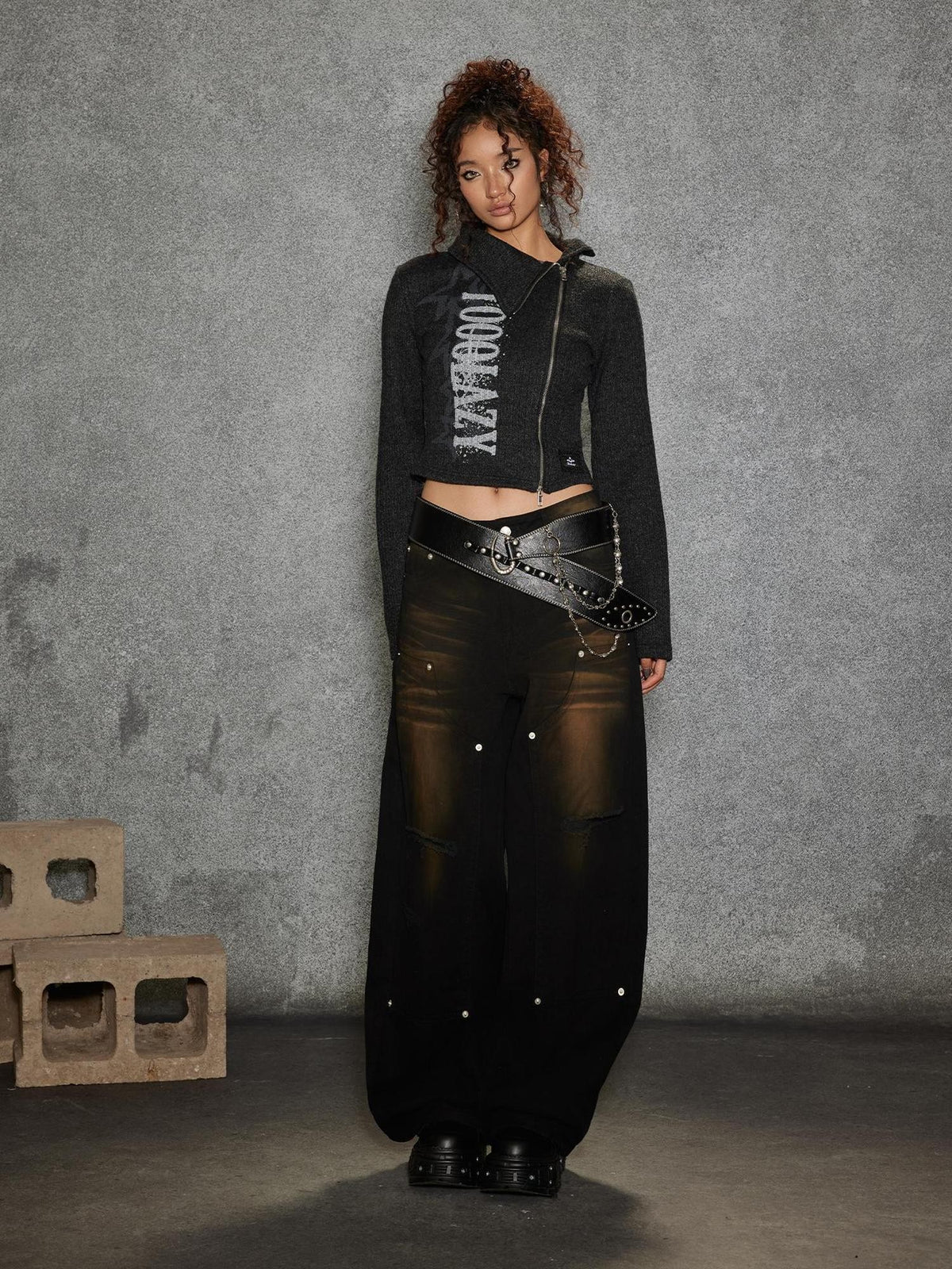 TOOOLAZY Cropped Letter Print Side Zip High Neck Knit Women's Polyester Blend Cardigans