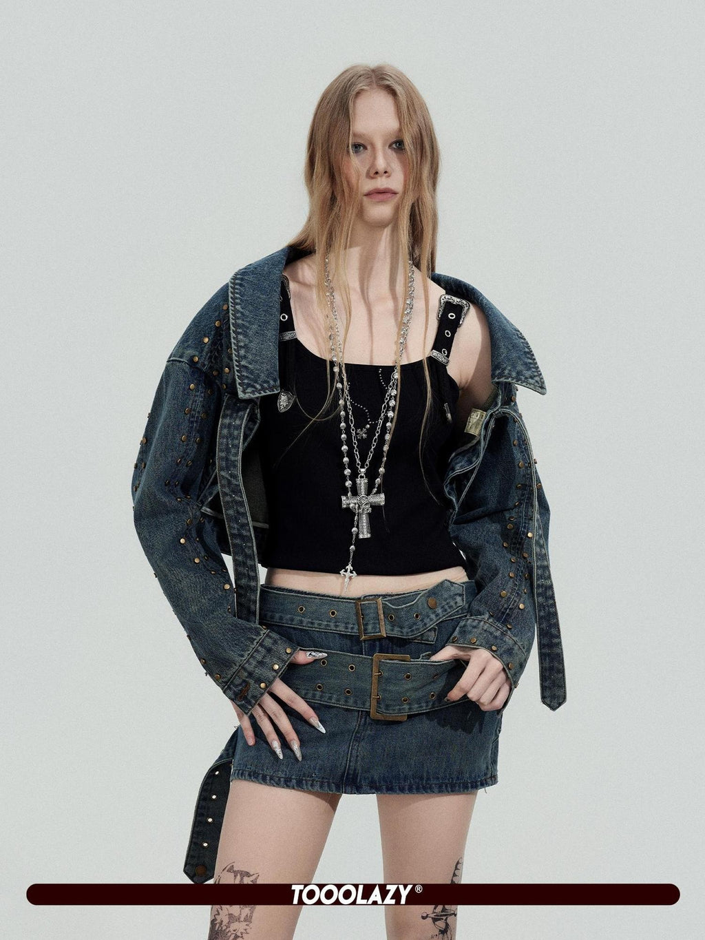 TOOOLAZY Cropped Studded Long Sleeve Edgy Slim Fit Women's Cotton Denim Jackets