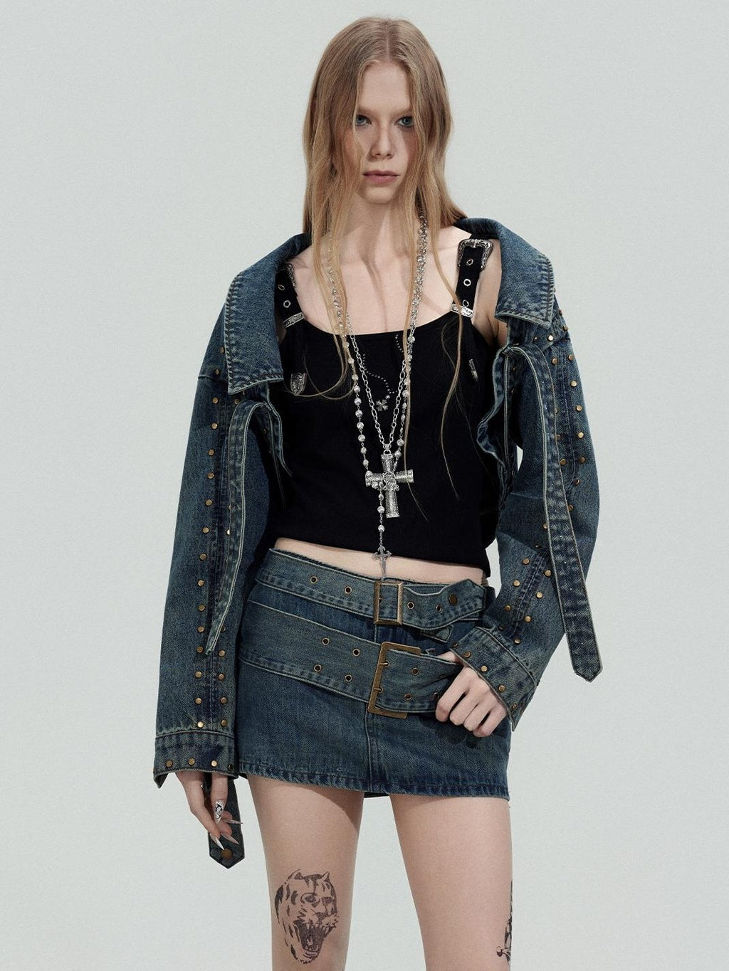 TOOOLAZY Cropped Studded Long Sleeve Edgy Slim Fit Women's Cotton Denim Jackets