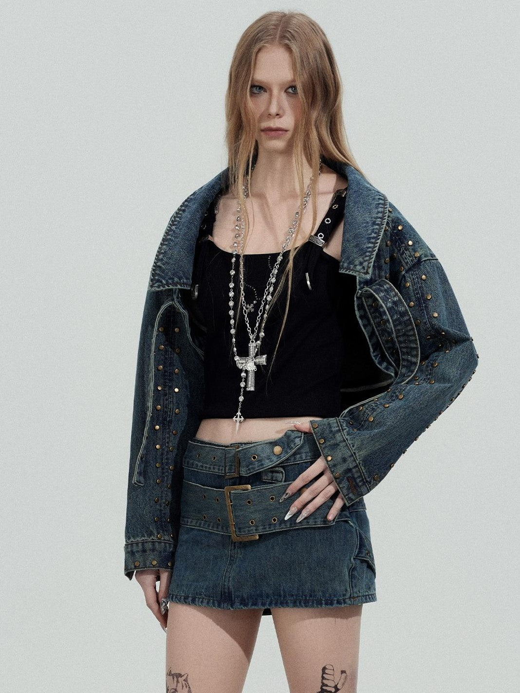 TOOOLAZY Cropped Studded Long Sleeve Edgy Slim Fit Women's Cotton Denim Jackets