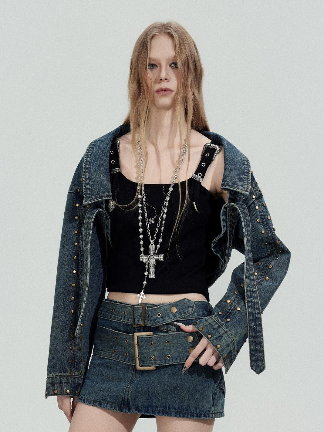 TOOOLAZY Cropped Studded Long Sleeve Edgy Slim Fit Women's Cotton Denim Jackets