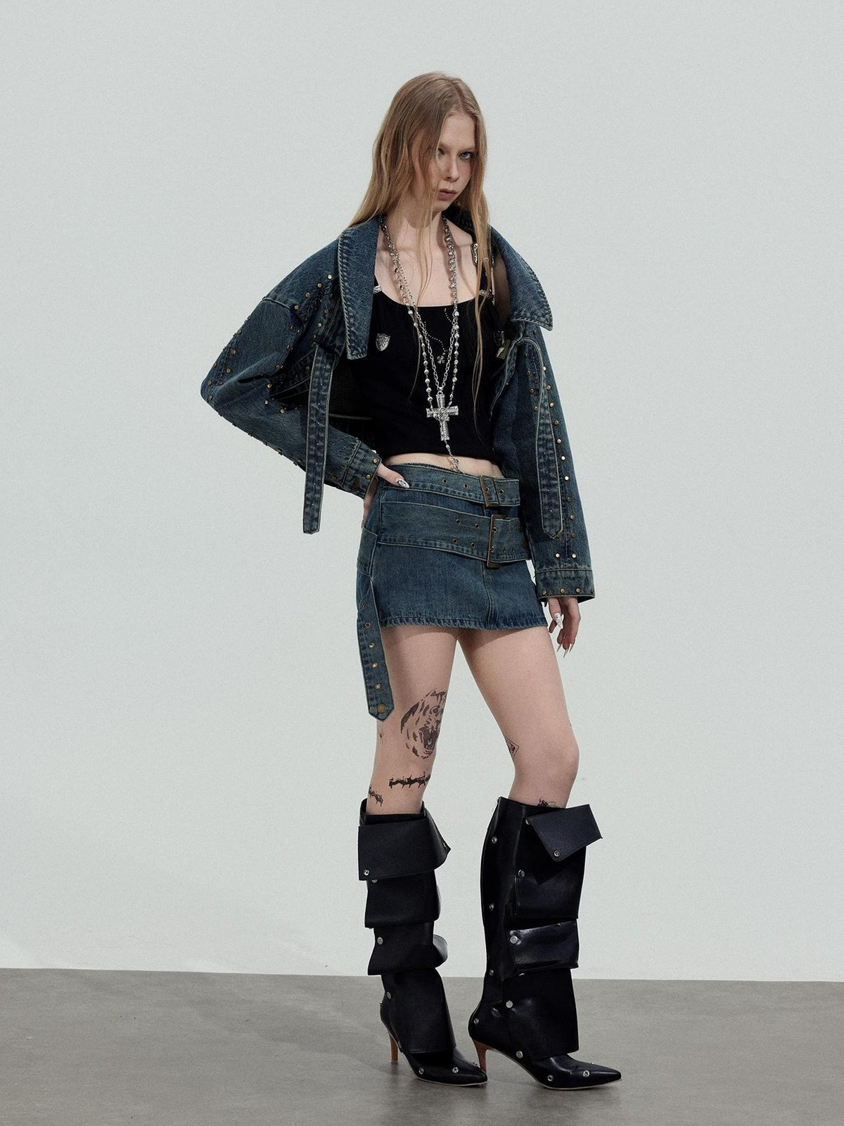 TOOOLAZY Cropped Studded Long Sleeve Edgy Slim Fit Women's Cotton Denim Jackets
