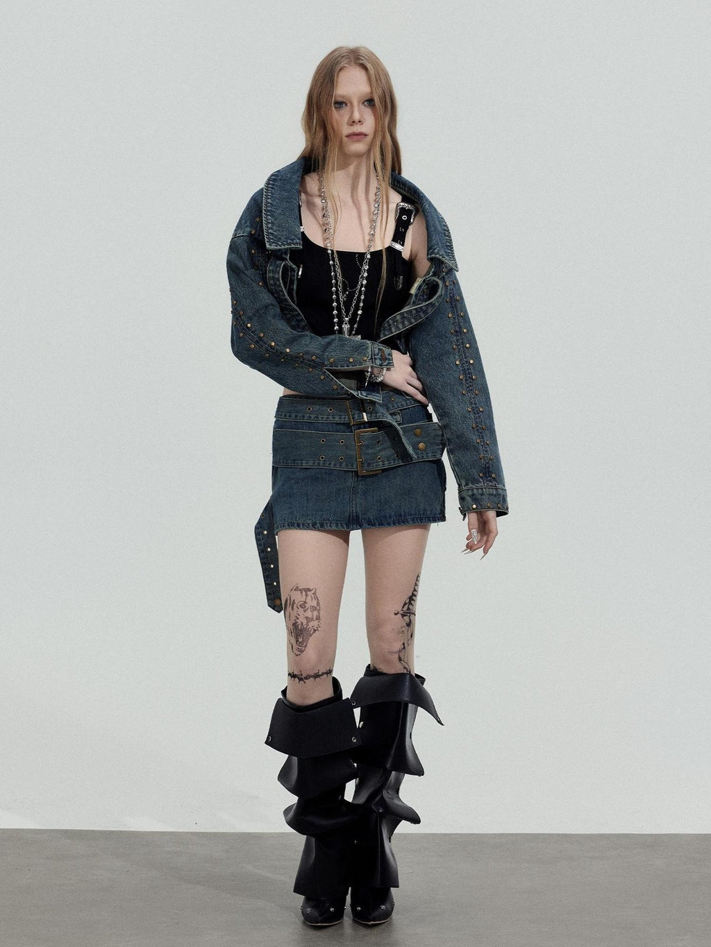 TOOOLAZY Cropped Studded Long Sleeve Edgy Slim Fit Women's Cotton Denim Jackets