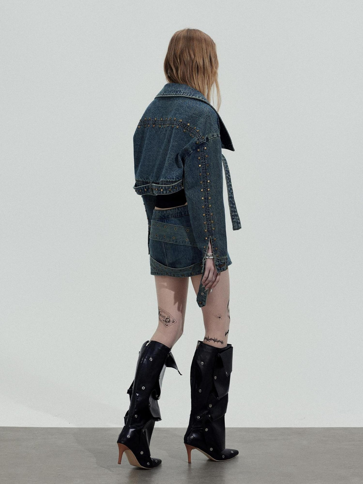 TOOOLAZY Cropped Studded Long Sleeve Edgy Slim Fit Women's Cotton Denim Jackets