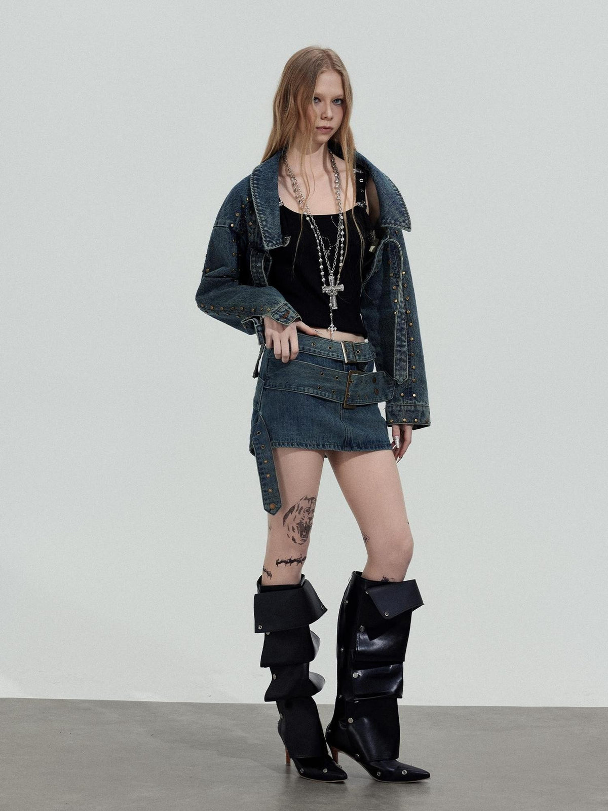 TOOOLAZY Cropped Studded Long Sleeve Edgy Slim Fit Women's Cotton Denim Jackets