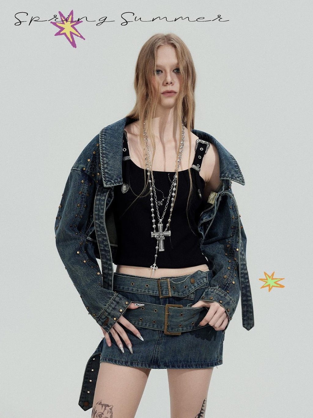 TOOOLAZY Cropped Studded Long Sleeve Edgy Slim Fit Women's Cotton Denim Jackets