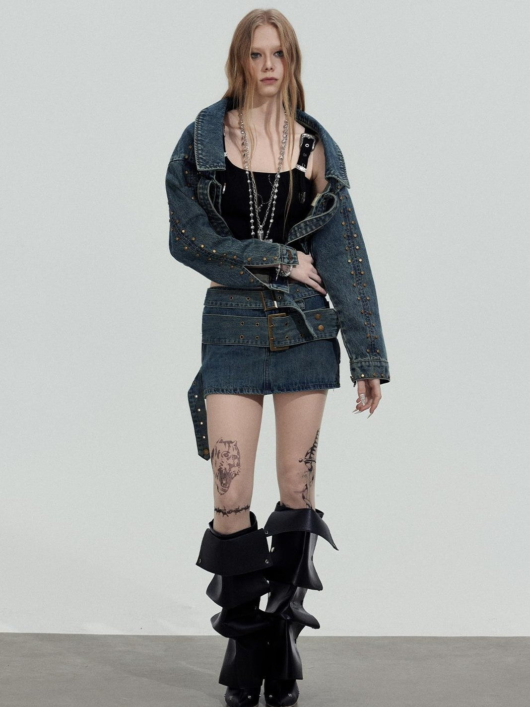 TOOOLAZY Cropped Studded Long Sleeve Edgy Slim Fit Women's Cotton Denim Jackets
