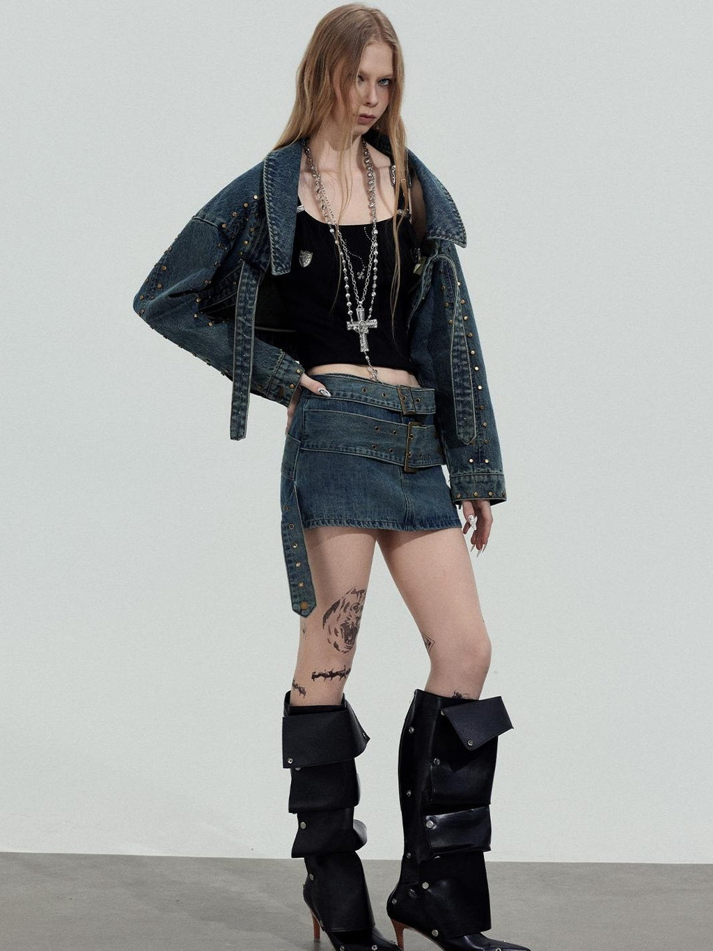 TOOOLAZY Cropped Studded Long Sleeve Edgy Slim Fit Women's Cotton Denim Jackets