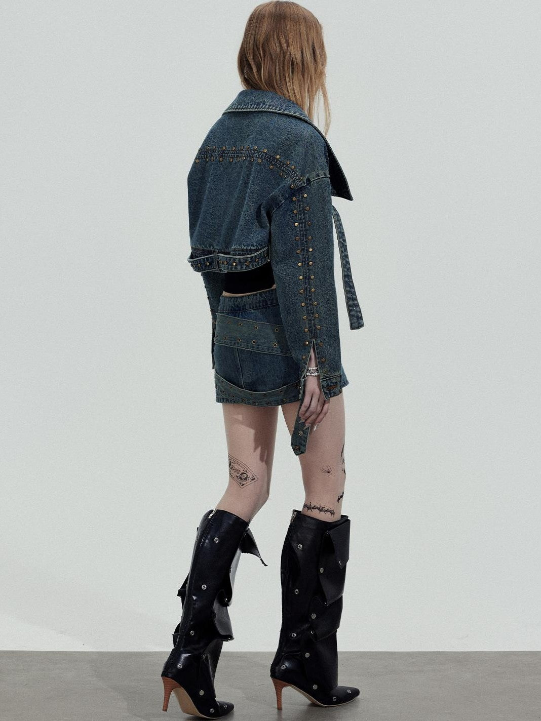 TOOOLAZY Cropped Studded Long Sleeve Edgy Slim Fit Women's Cotton Denim Jackets