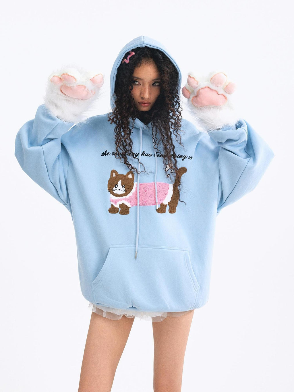 TOOOLAZY Cute Embroidered Cat Hooded Women's Soft Other Fabric Hoodies