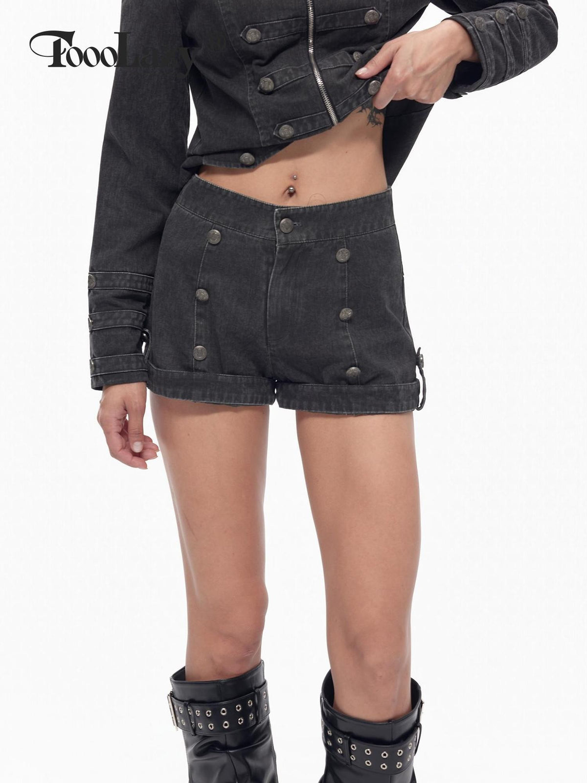 TOOOLAZY Dark Gray Button Washed Straight Women's Other Fabric Hot Pants