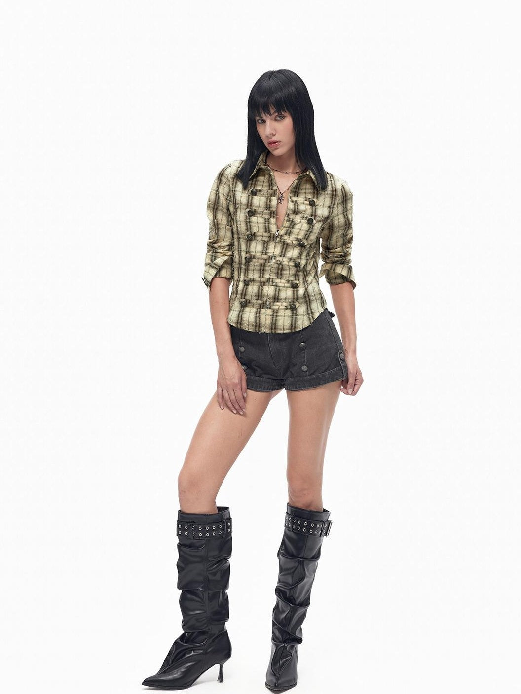 TOOOLAZY Dark Gray Button Washed Straight Women's Other Fabric Hot Pants