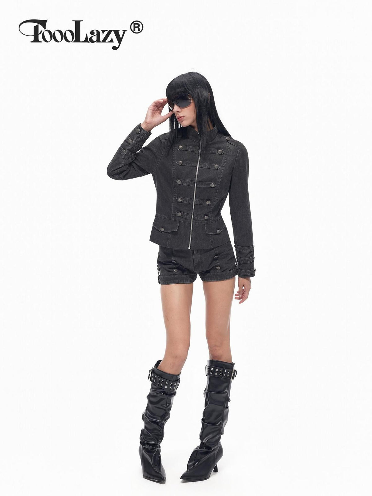 TOOOLAZY Dark Gray Button Washed Straight Women's Other Fabric Hot Pants