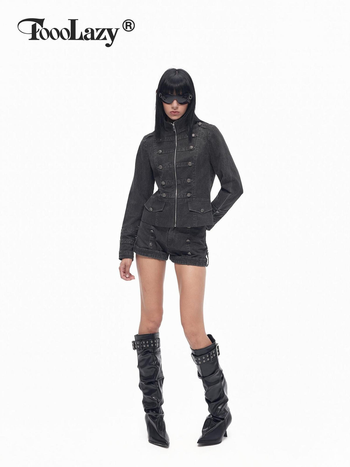 TOOOLAZY Dark Gray Button Washed Straight Women's Other Fabric Hot Pants