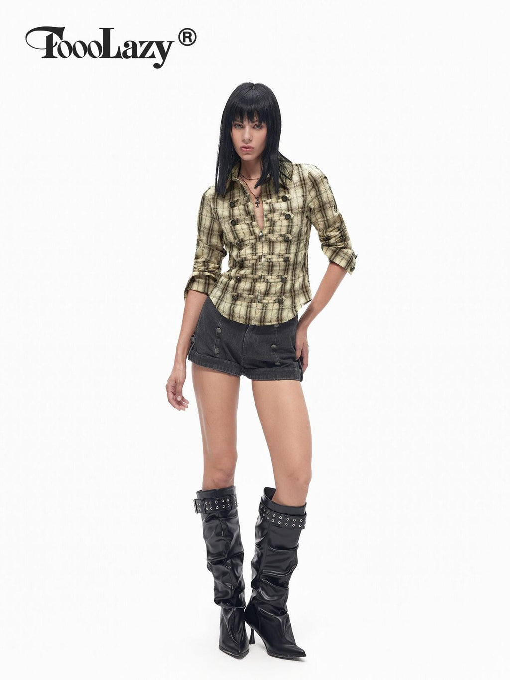 TOOOLAZY Dark Gray Button Washed Straight Women's Other Fabric Hot Pants