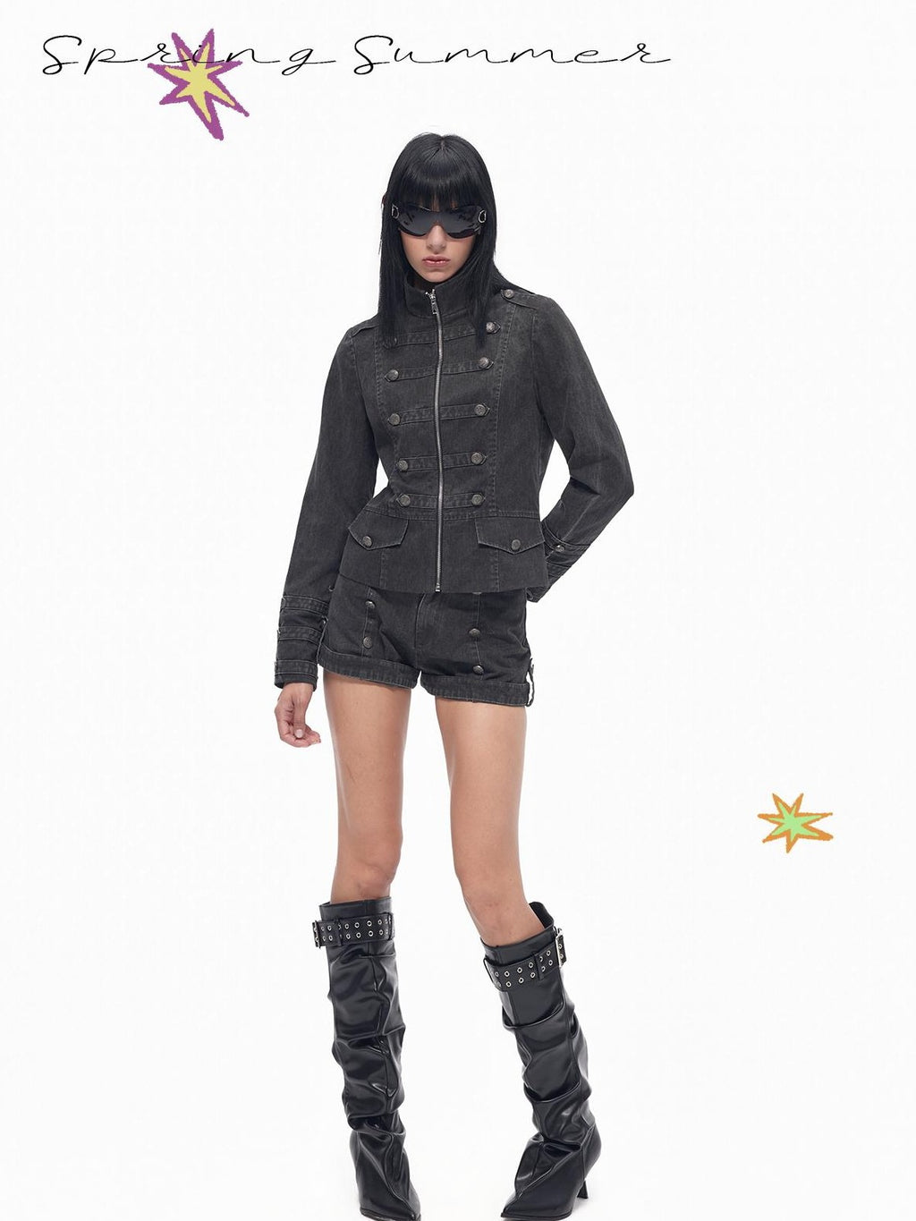 TOOOLAZY Dark Gray Button Washed Straight Women's Other Fabric Hot Pants