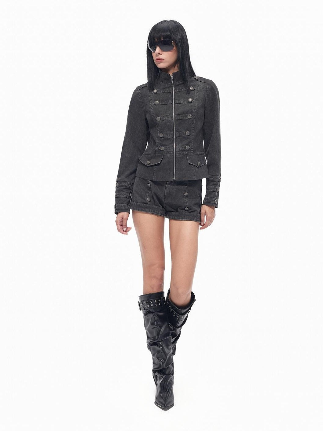TOOOLAZY Dark Gray Button Washed Straight Women's Other Fabric Hot Pants