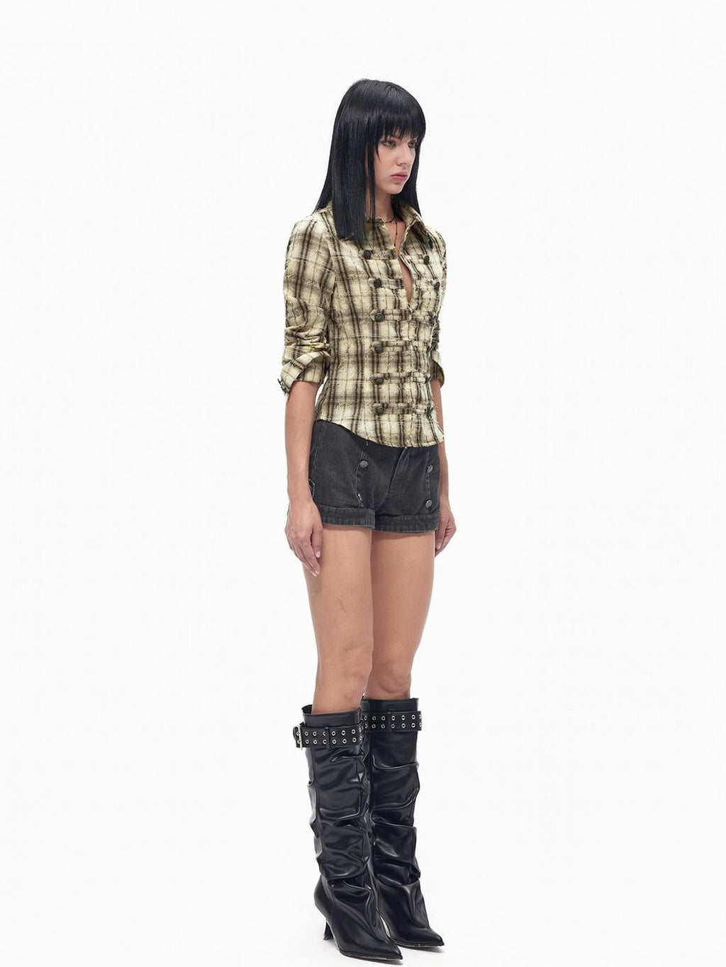 TOOOLAZY Dark Gray Button Washed Straight Women's Other Fabric Hot Pants