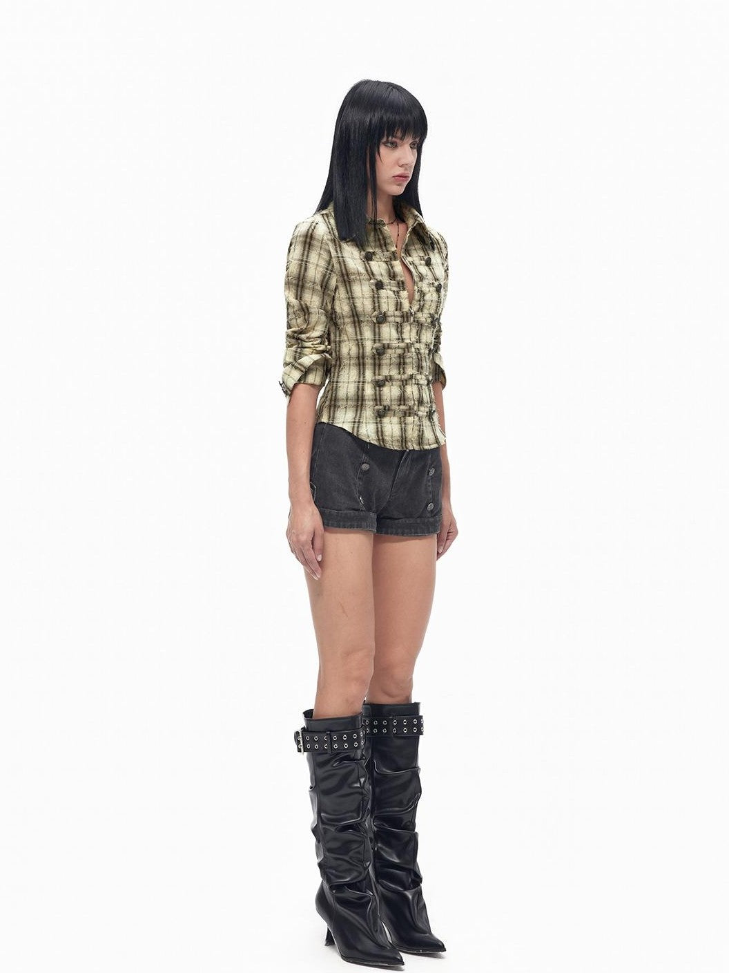 TOOOLAZY Dark Gray Button Washed Straight Women's Other Fabric Hot Pants