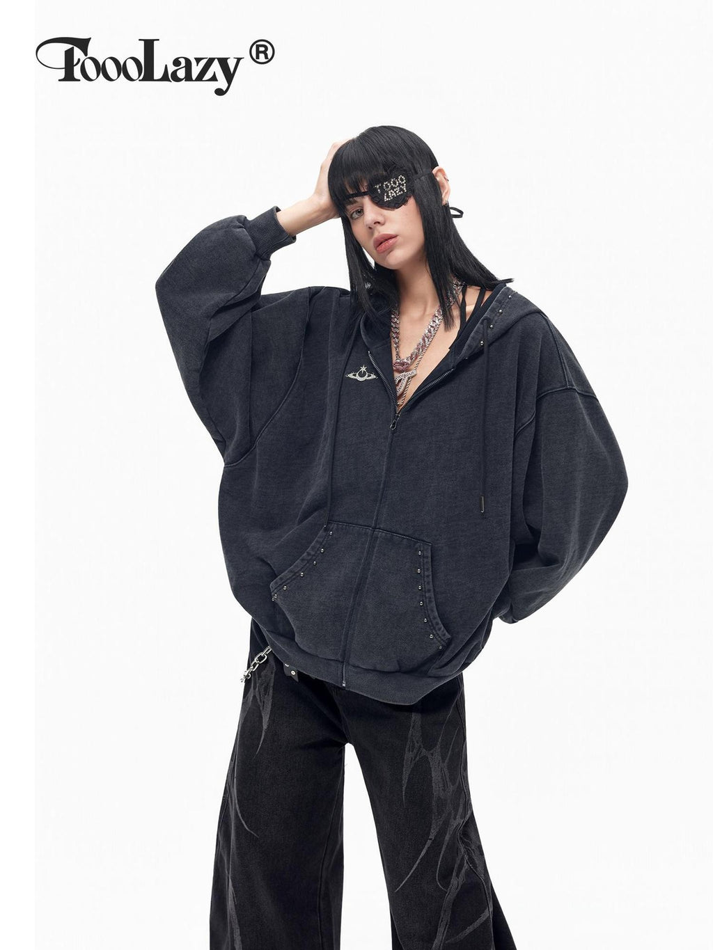 TOOOLAZY Dark Gray Punk Studded Washed Drop Shoulder Women's Cotton Zip-up Hoodies