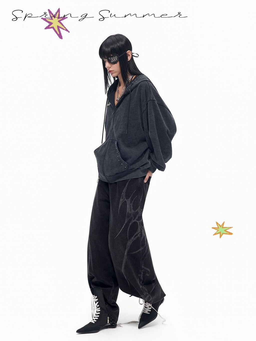 TOOOLAZY Dark Gray Punk Studded Washed Drop Shoulder Women's Cotton Zip-up Hoodies