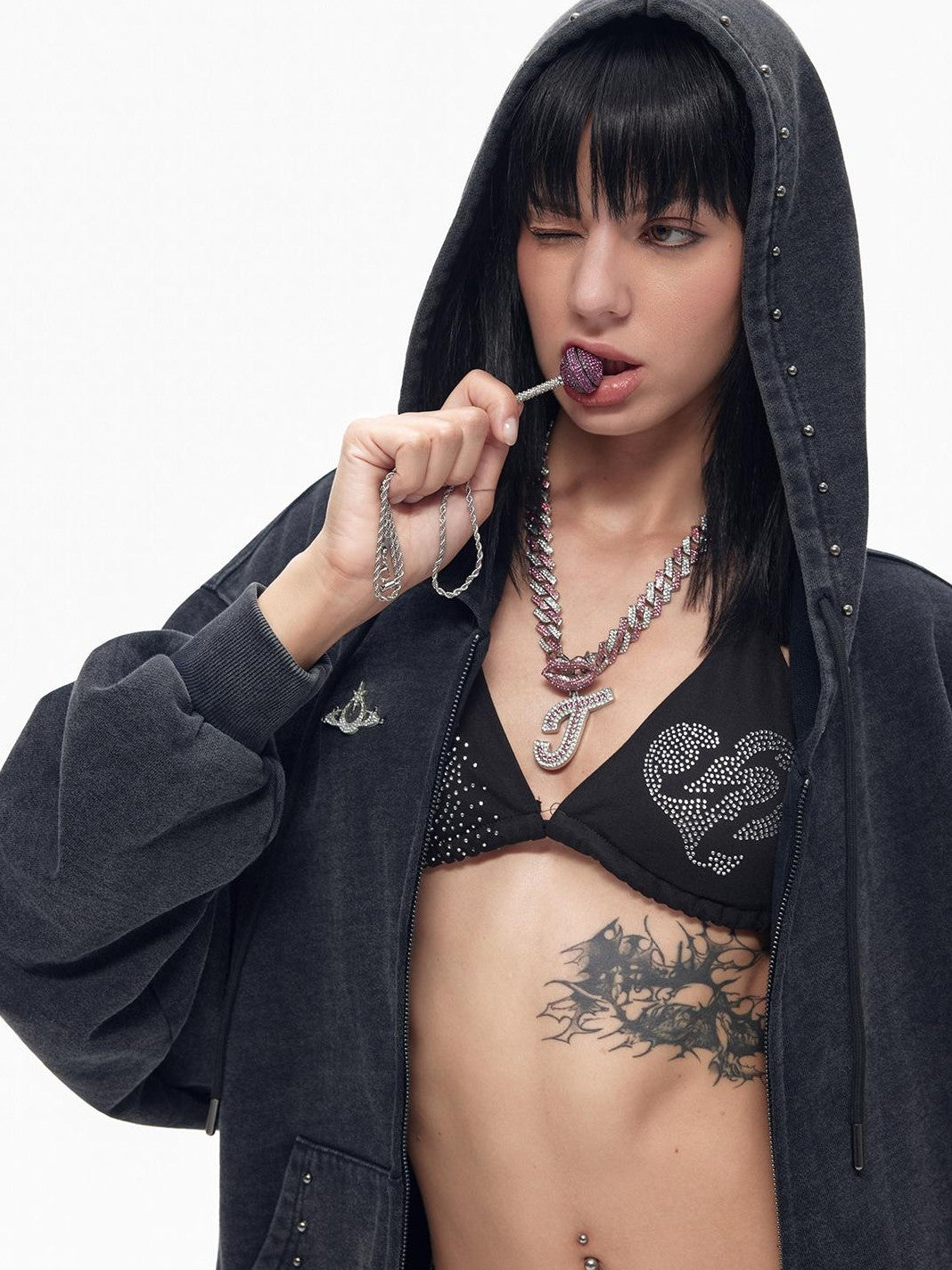 TOOOLAZY Dark Gray Punk Studded Washed Drop Shoulder Women's Cotton Zip-up Hoodies