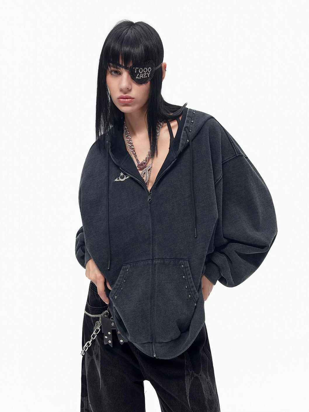 TOOOLAZY Dark Gray Punk Studded Washed Drop Shoulder Women's Cotton Zip-up Hoodies