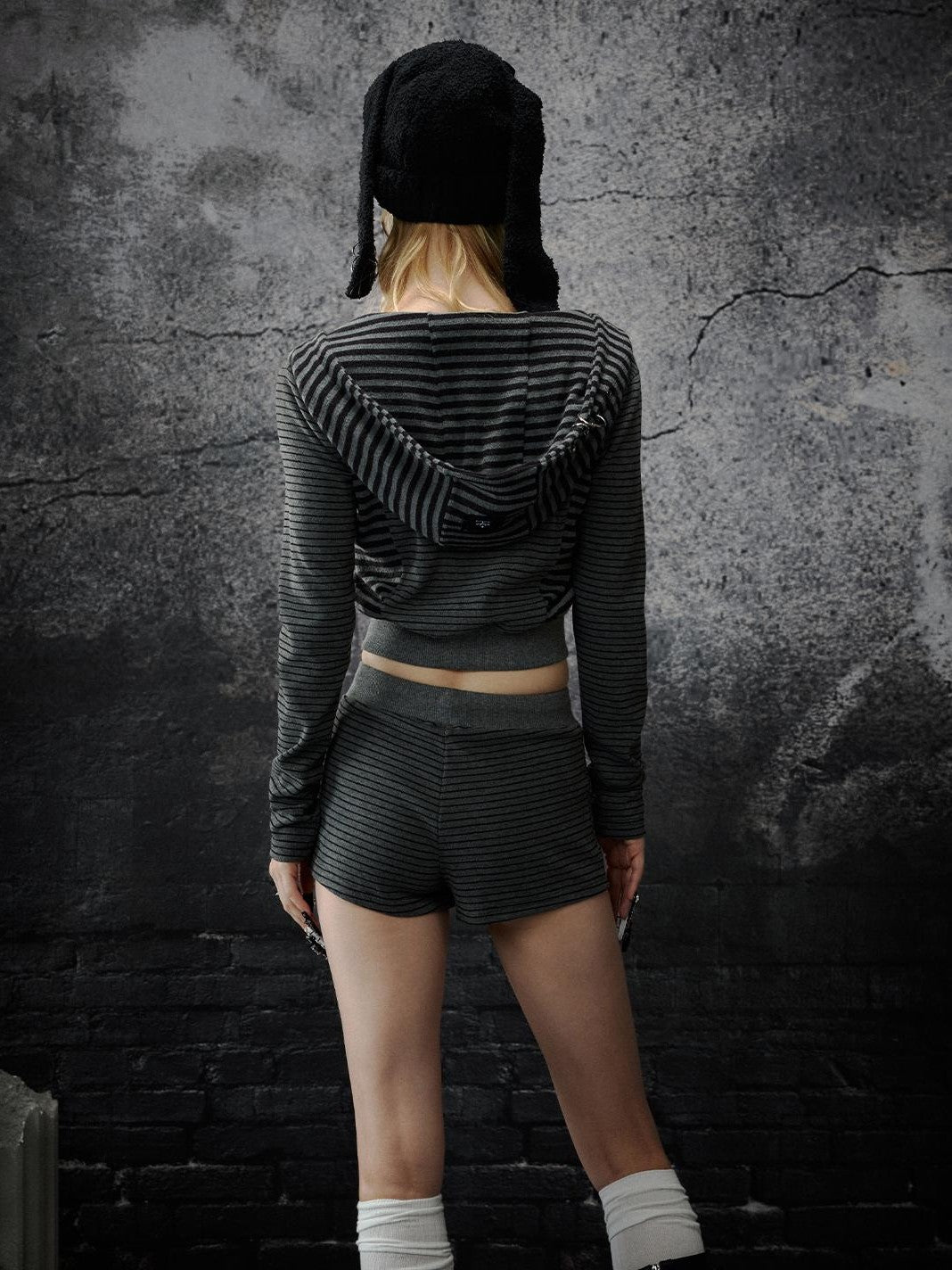 TOOOLAZY Dark Gray Striped Hooded Long Sleeve Punk Women's Casual Top & Shorts Sets
