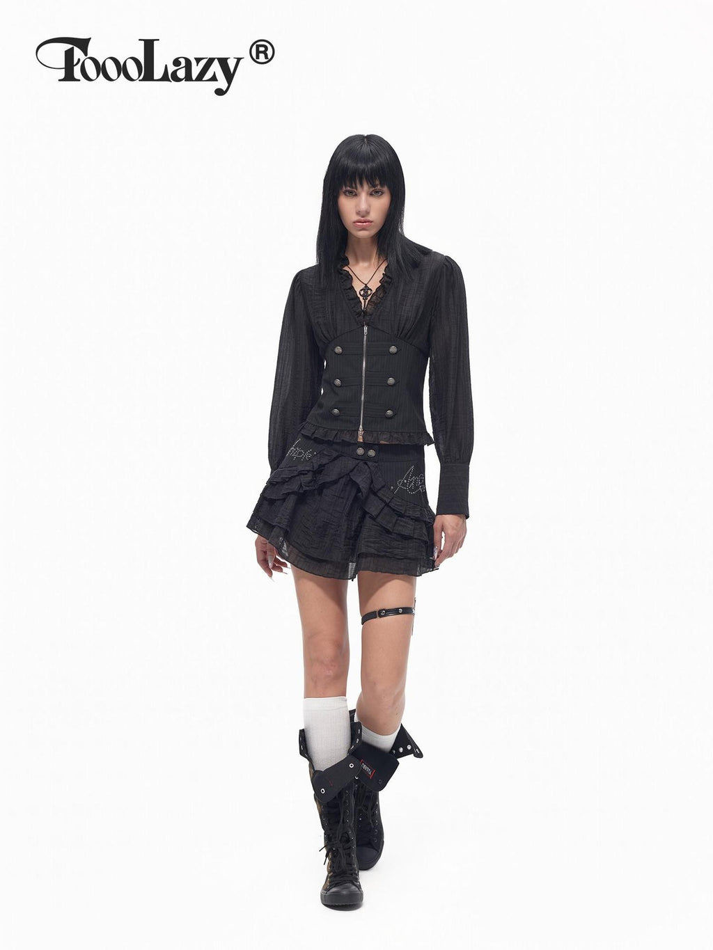 TOOOLAZY Dark Napoleon Lace Splice Double Row Buttons Waist Cinch Women's Lace Shirts