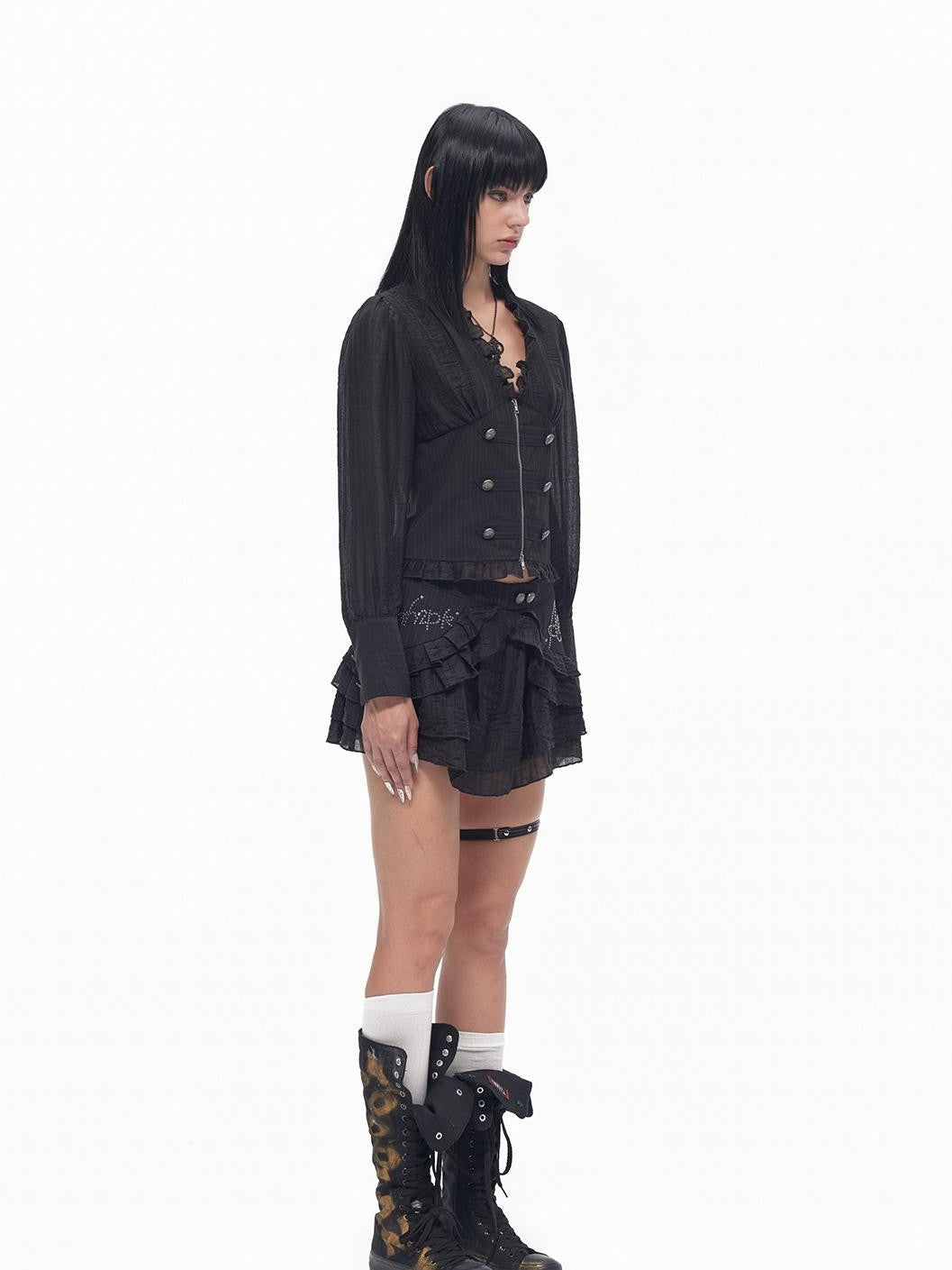 TOOOLAZY Dark Napoleon Lace Splice Double Row Buttons Waist Cinch Women's Lace Shirts