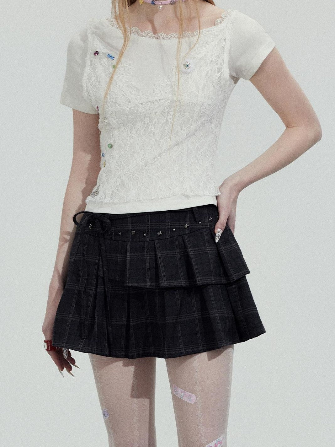 TOOOLAZY Dark Plaid Slim Fit Schoolgirl Women's Polyester Spandex Pleated Skirts