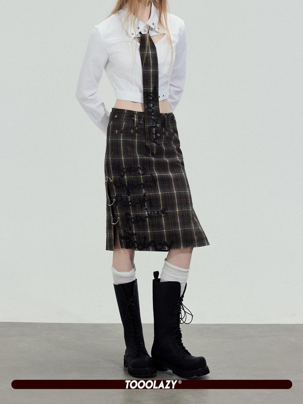 TOOOLAZY Dark Plaid Slimming Mid Waist Women's Polyester Viscose Blend Bodycon Skirts