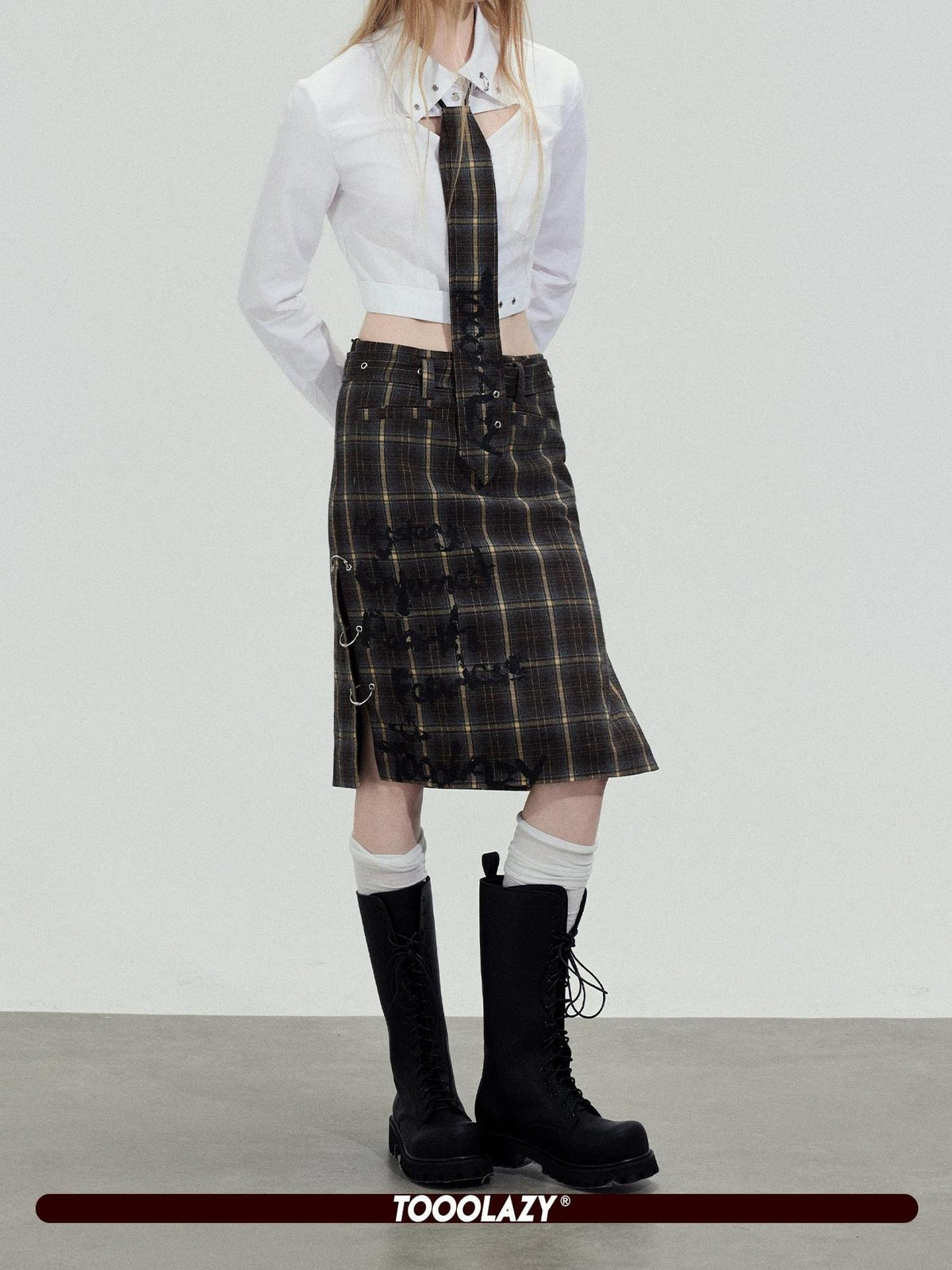 TOOOLAZY Dark Plaid Slimming Mid Waist Women's Polyester Viscose Blend Bodycon Skirts