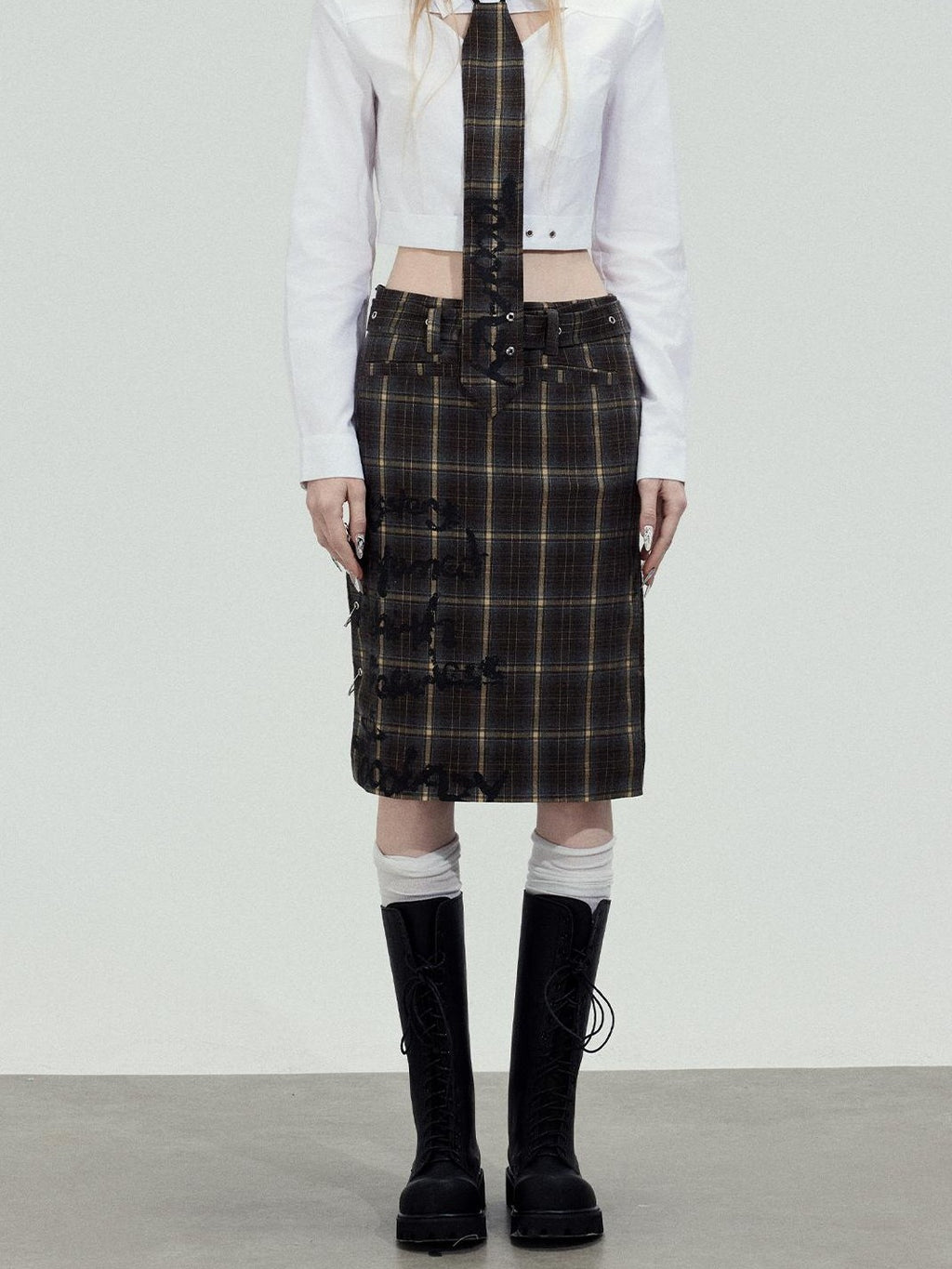 TOOOLAZY Dark Plaid Slimming Mid Waist Women's Polyester Viscose Blend Bodycon Skirts