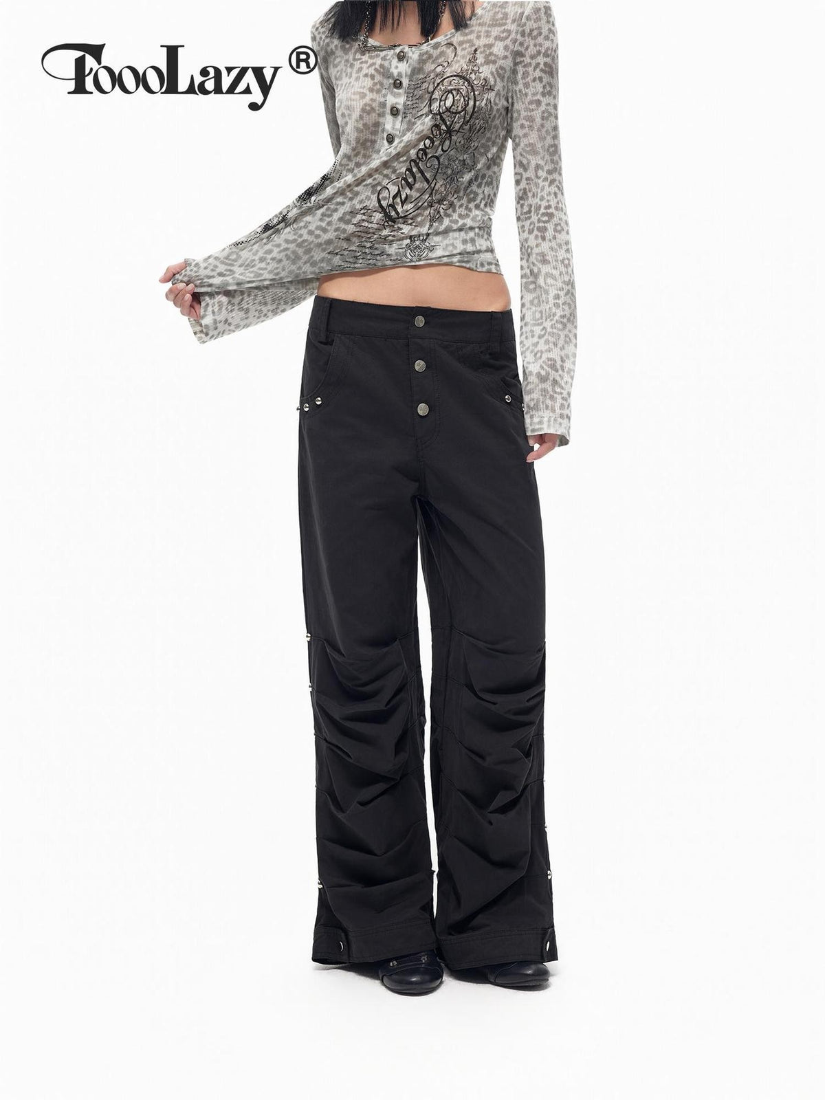 TOOOLAZY Dark Sweet Cool Spliced Pocket Wide Leg Women's Cotton Cargo Pants