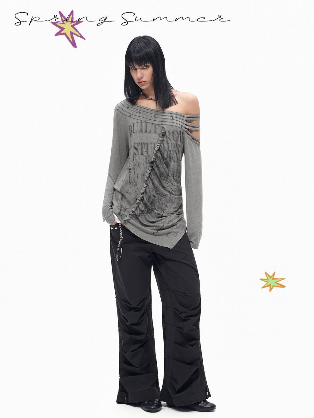 TOOOLAZY Dark Sweet Cool Spliced Pocket Wide Leg Women's Cotton Cargo Pants