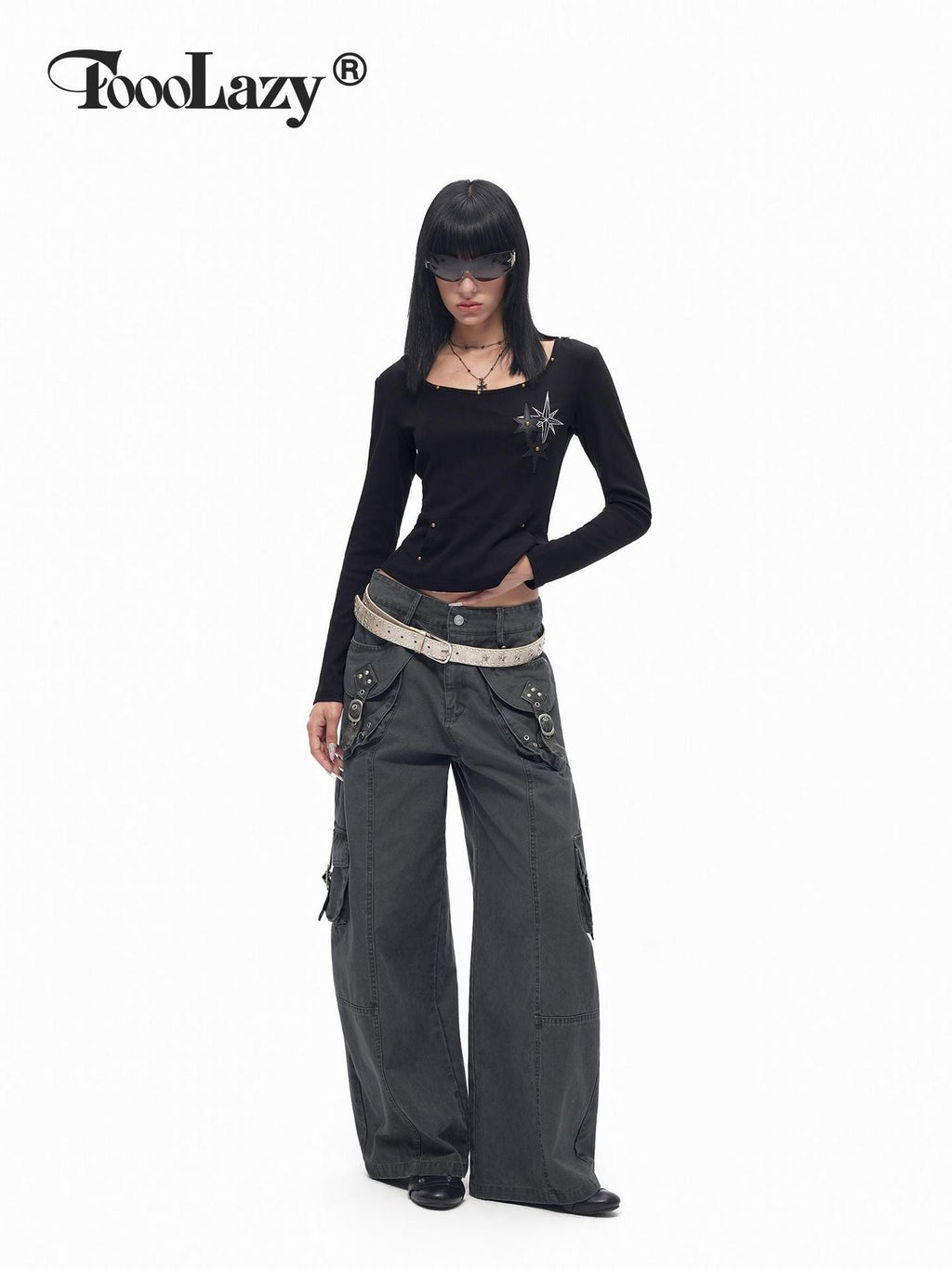 TOOOLAZY Deconstructed Cargo Multi Pocket Metal Buckle Women's Cotton Wide-leg Pants