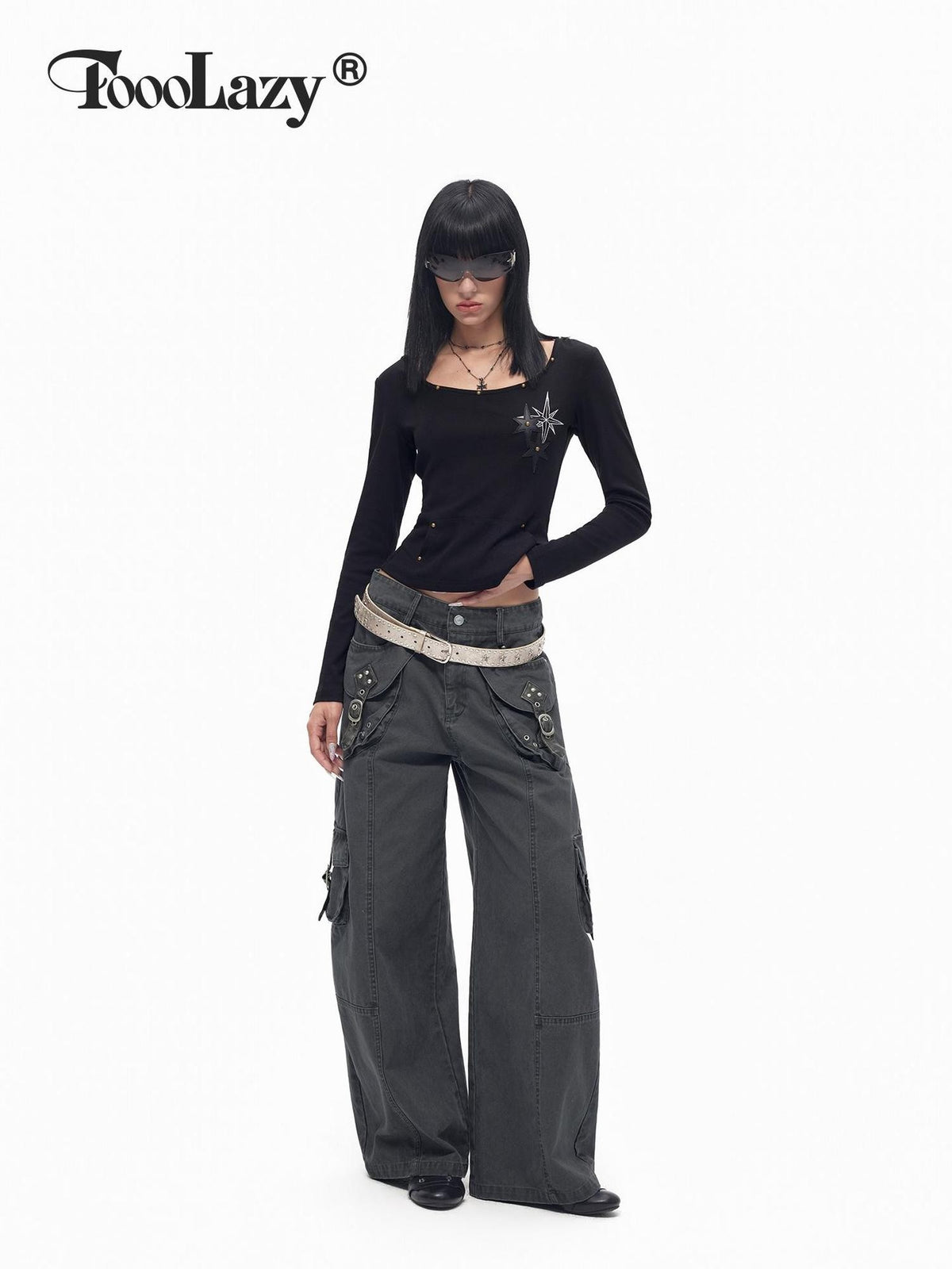 TOOOLAZY Deconstructed Cargo Multi Pocket Metal Buckle Women's Cotton Wide-leg Pants