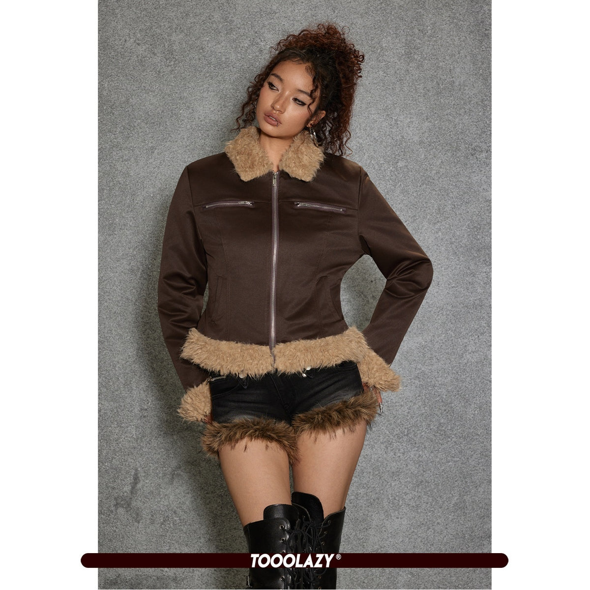 TOOOLAZY_Deep_Brown_Fuzzy_Lapel_Slim_Fit_Zip_Front_Women's_Polyester_Cropped_Jackets_989065574067_MISSTT
