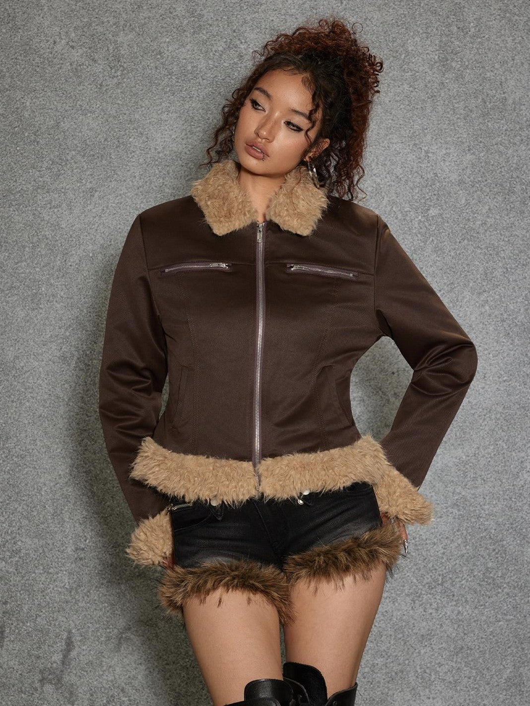 TOOOLAZY Deep Brown Fuzzy Lapel Slim Fit Zip Front Women's Polyester Cropped Jackets