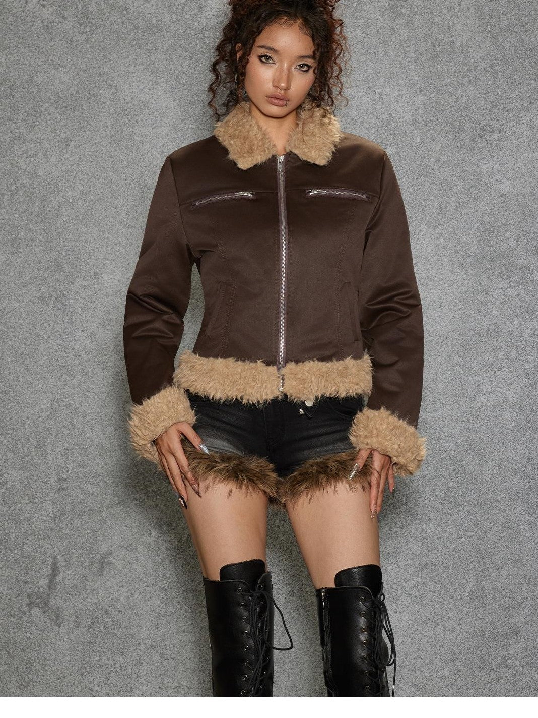 TOOOLAZY Deep Brown Fuzzy Lapel Slim Fit Zip Front Women's Polyester Cropped Jackets