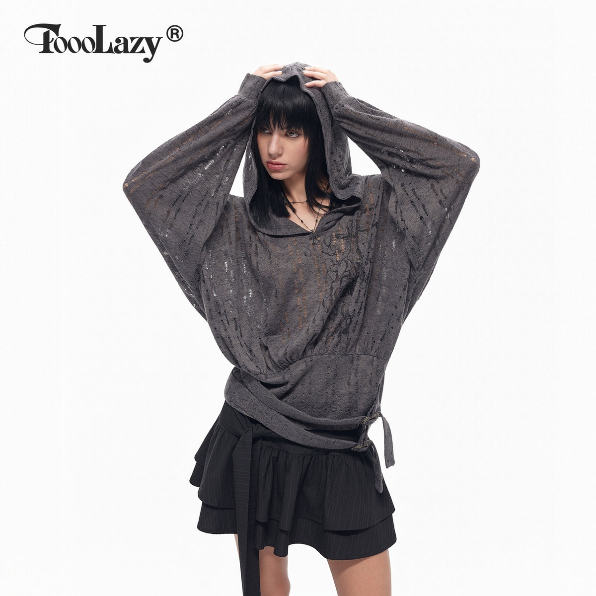 TOOOLAZY_Deep_Gray_Cutout_Knit_Cross_Print_Tie_Hooded_Batwing_Women's_Knit_Sweatshirts_1069430463147_MISSTT