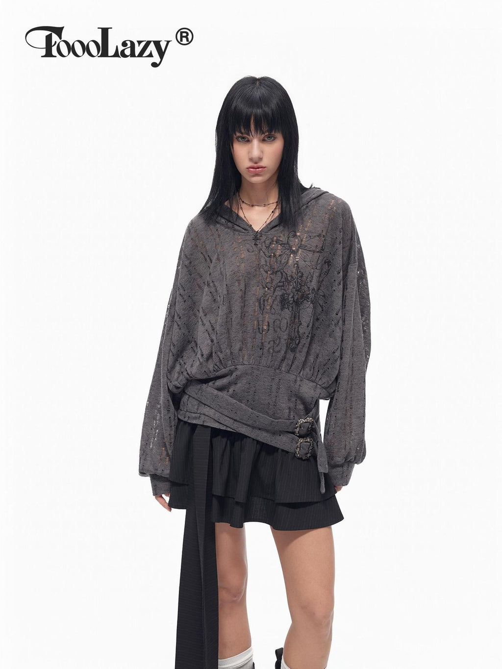 TOOOLAZY Deep Gray Cutout Knit Cross Print Tie Hooded Batwing Women's Knit Sweatshirts