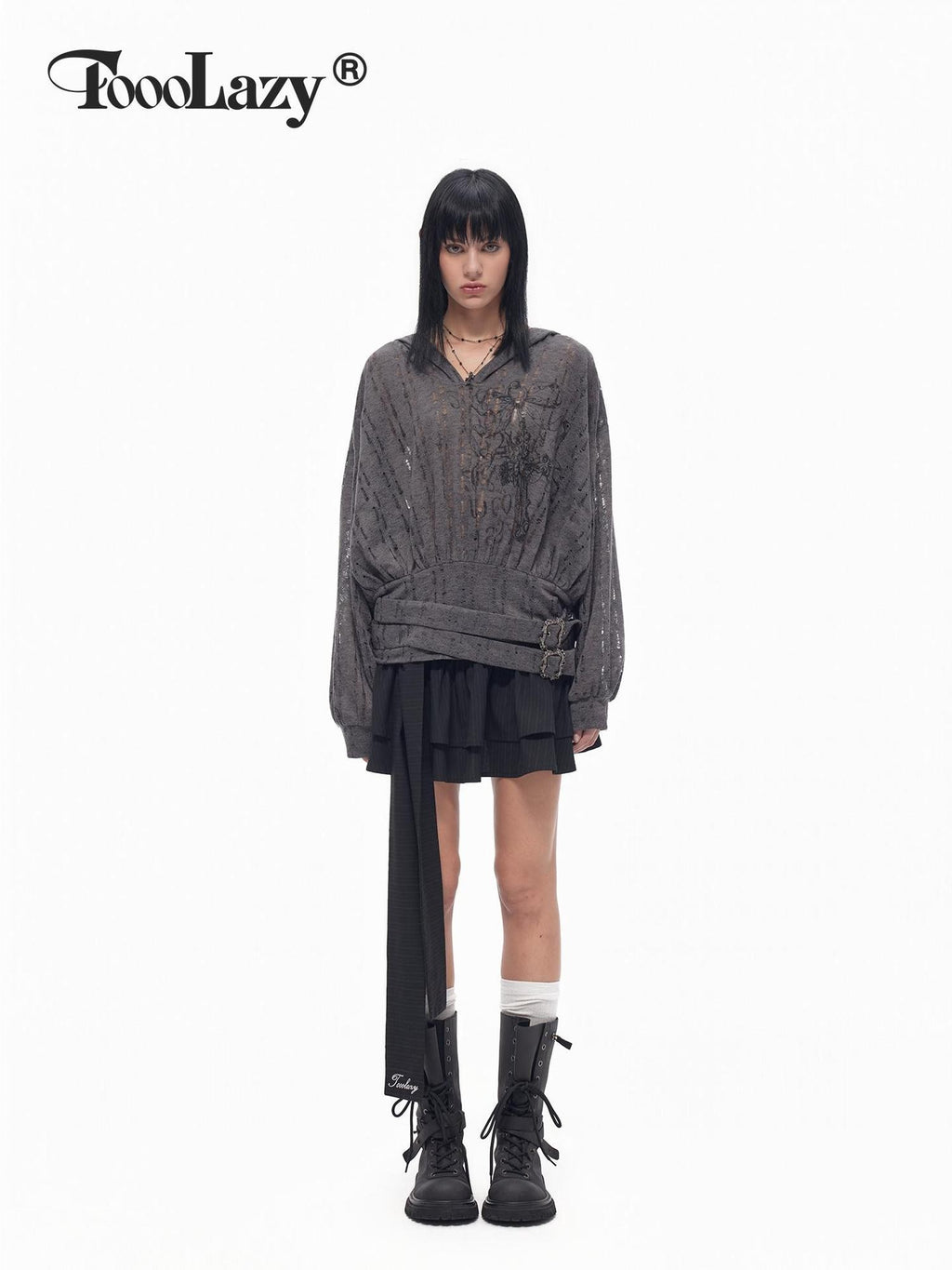 TOOOLAZY Deep Gray Cutout Knit Cross Print Tie Hooded Batwing Women's Knit Sweatshirts